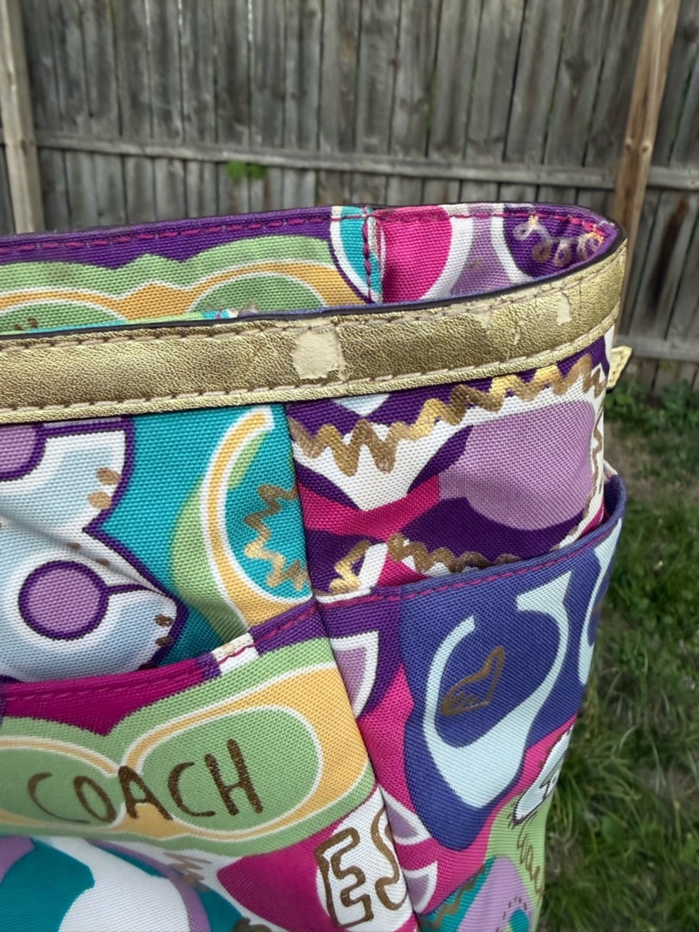 COACH Purple Multicolor Signature Print Tote with Gold Trim - Picture 5 of 15
